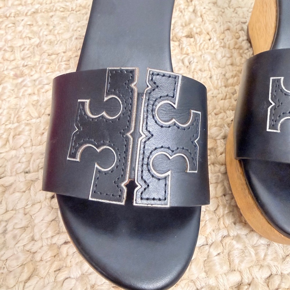 Tory Burch Ines 80mm Wedge Slide Black Silver Calf Leather Wood Sandal 72048 7.5 - Picture 2 of 9